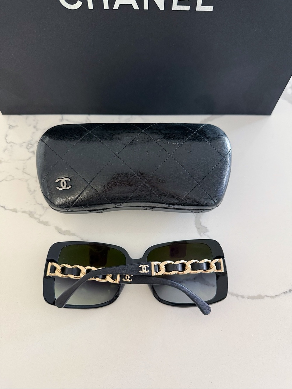 Chanel Black Acetate Square Frame Chain-Link Sunglasses; 5208-Q